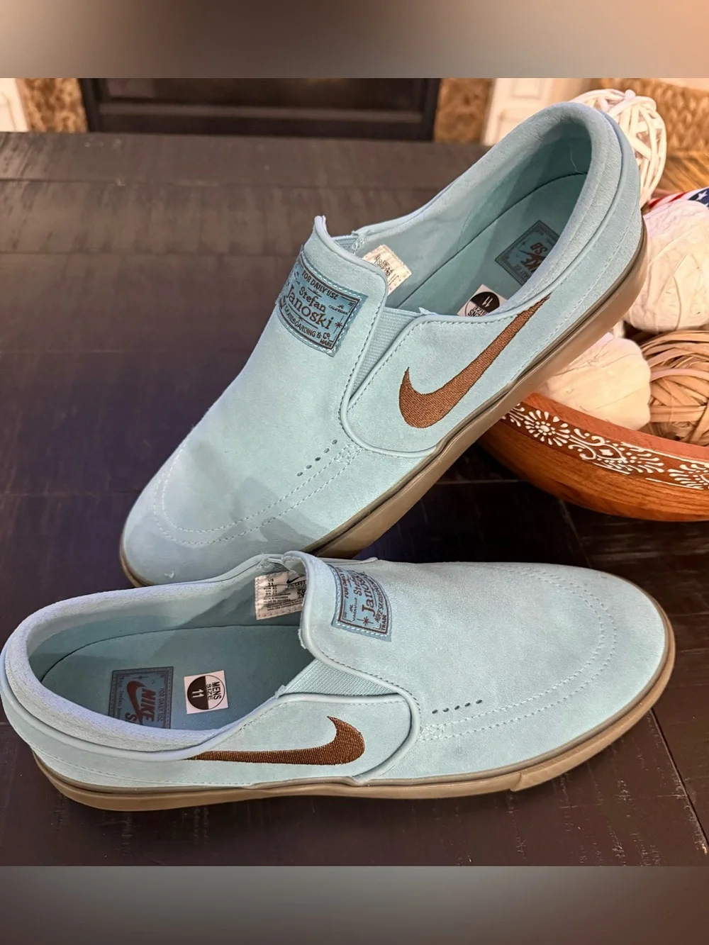 Nike Stefan Janoski Slip-On Suede Shoes - Light Blue with Brown Swoosh